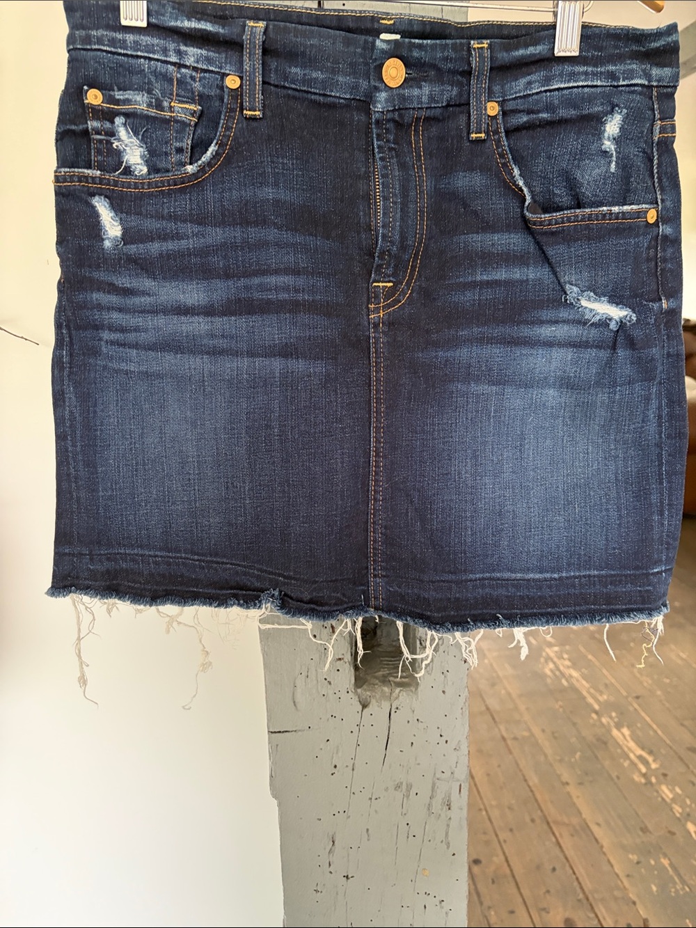 7 For All Mankind Dark Blue Distressed Denim Mini Skirt